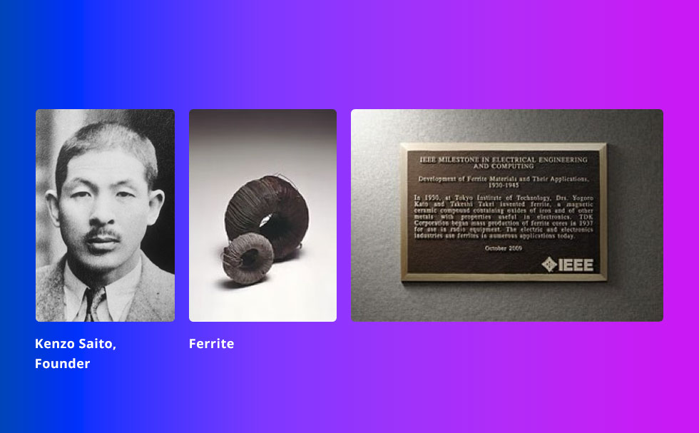 TDK founder Kenzo Saito with a ferrite sample and IEEE Milestone plaque