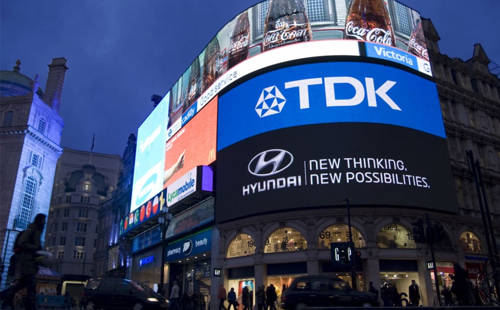 TDK LED billboard displayed on a Piccadilly Circus building